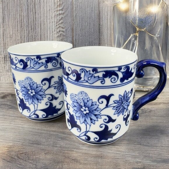 Vintage Bombay Company Ceramic Coffee Mug Cup Set W Blue White Floral Mugs Cups - Picture 1 of 12